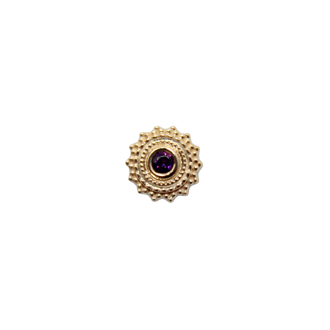 Amethyst afghan. Small stud. Jewelry Stud. Yellow Gold. Earring. Cartilage Earring. Nostril Jewelry. Gold Jewelry. BVLA. Body Vision Los Angeles Jewelry. Brooklyn Piercing Jewelry