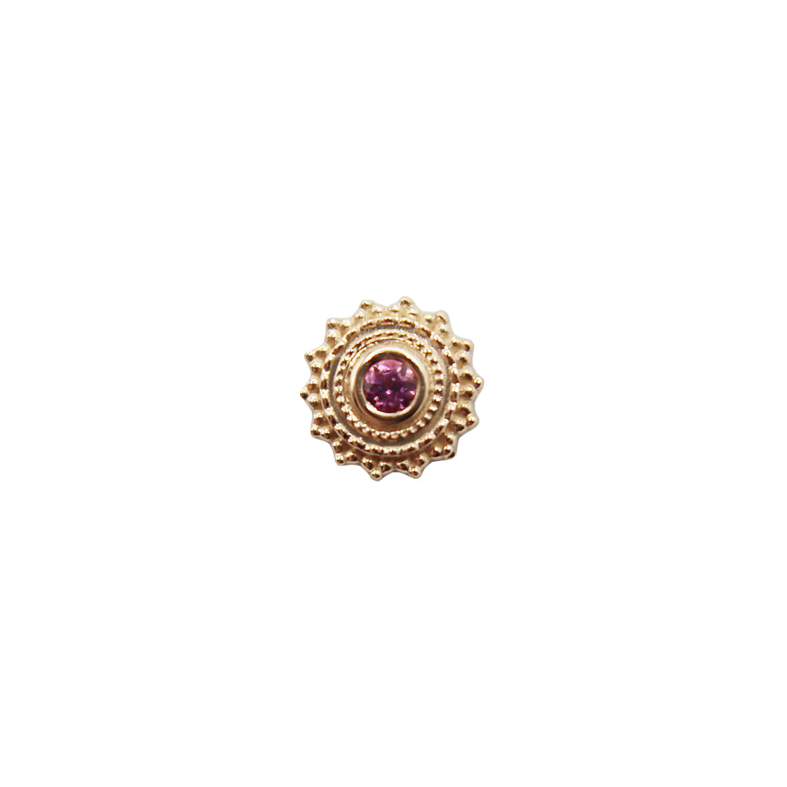 Rhodolite afghan. Small stud. Jewelry Stud. Yellow Gold. Earring. Cartilage Earring. Nostril Jewelry. Gold Jewelry. BVLA. Body Vision Los Angeles Jewelry. Brooklyn Piercing Jewelry
