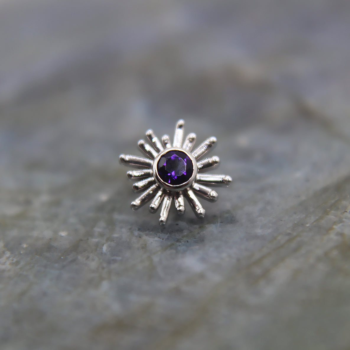 White Gold Amethyst Sun Ray. Jewelry Stud. White Gold. Earring. Cartilage Earring. Nostril jewelry. Gold Jewelry. BVLA. Body Vision Los Angeles Jewelry. Brooklyn Piercing Jewelry
