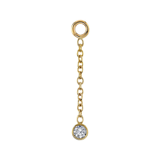 BVLA's "Bezel Dangle Charm" in 14k Yellow gold with a CZ Bezel at the bottom of a link style chain