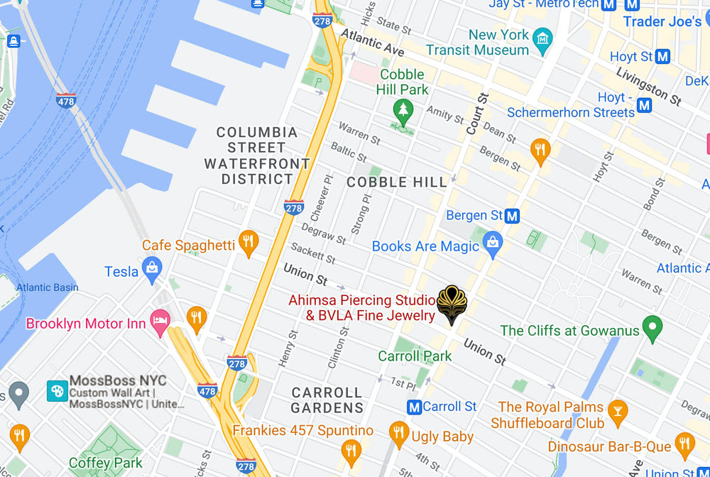 Custom Google Map showing the Carroll Gardens neighborhood in Brooklyn with a pointed Ahimsa Piercing Studio logo in black and gold showing our location
