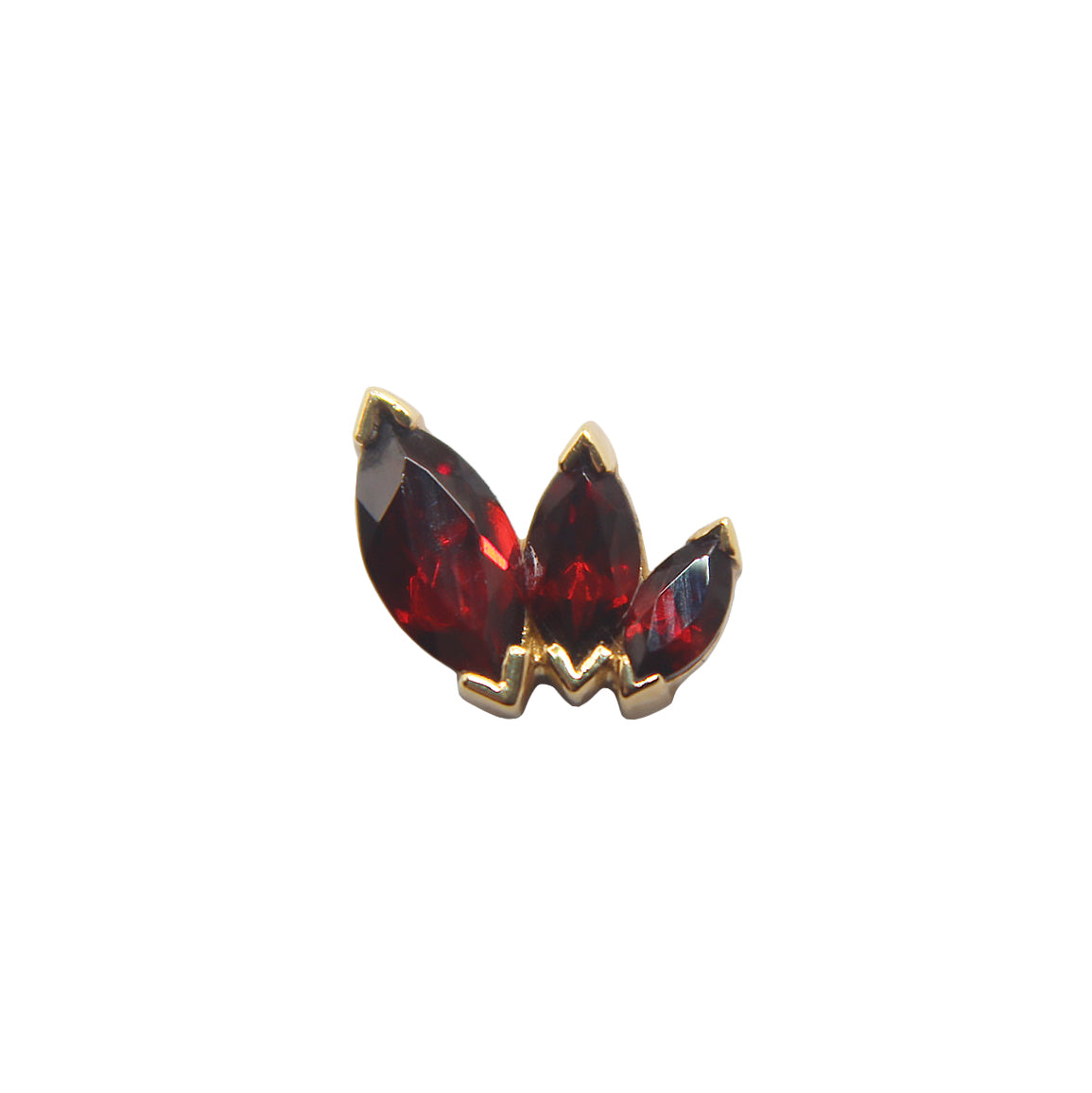 Garnet French Kiss. Three varying sized marquise garnet. Jewelry Stud. Yellow Gold. Earring. Cartilage Earring. Gold Jewelry. BVLA. Body Vision Los Angeles Jewelry. Brooklyn Piercing Jewelry
