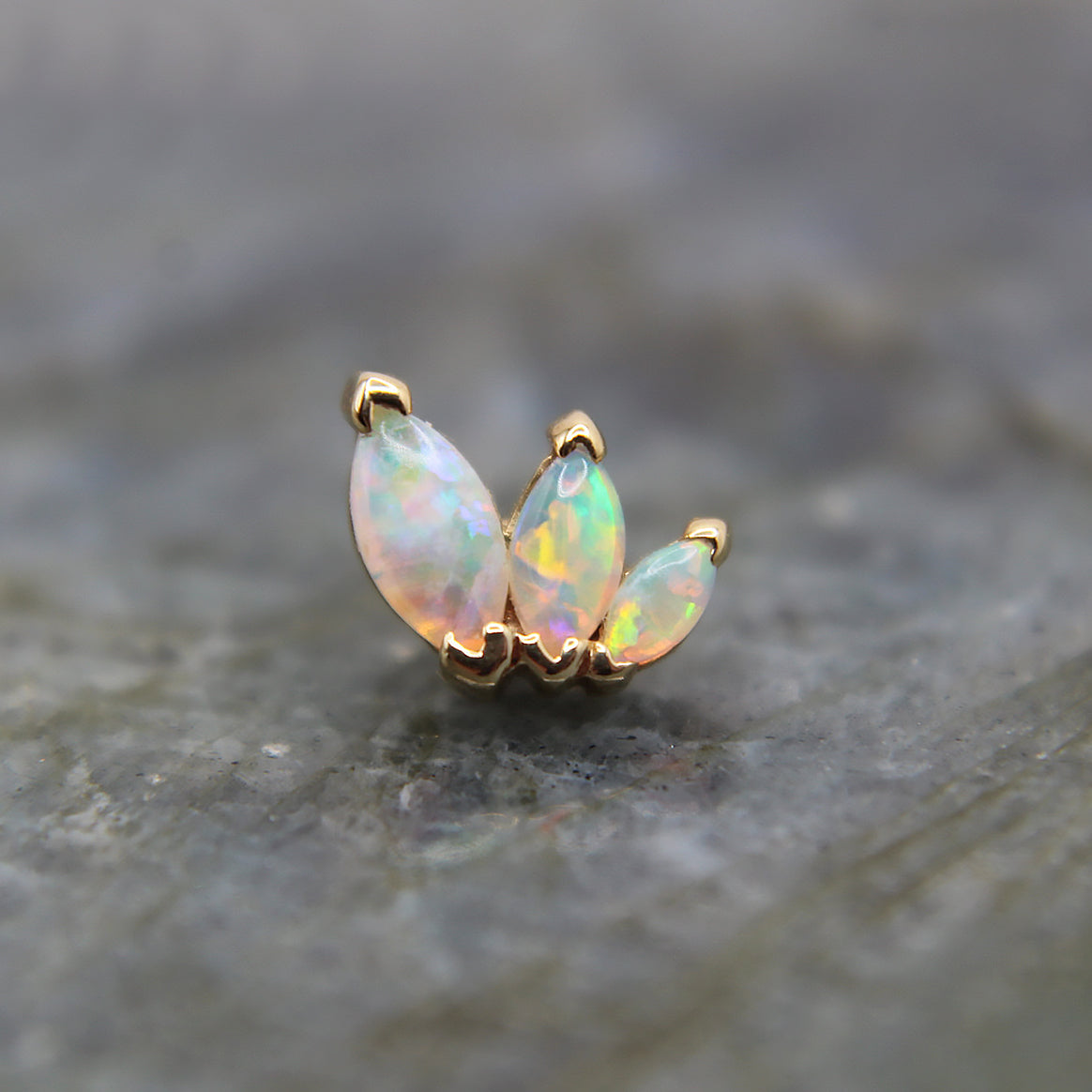 Genuine White Opal French Kiss. Three varying sized White Opals. Jewelry Stud. Yellow Gold. Earring. Cartilage Earring. Gold Jewelry. BVLA. Body Vision Los Angeles Jewelry. Brooklyn Piercing Jewelry