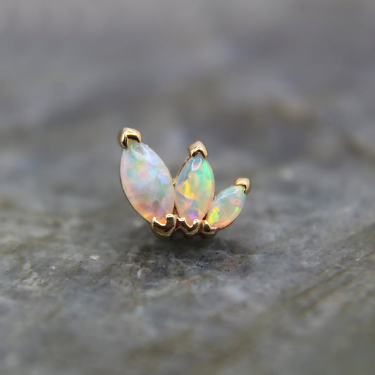 Genuine White Opal French Kiss. Three varying sized White Opals. Jewelry Stud. Yellow Gold. Earring. Cartilage Earring. Gold Jewelry. BVLA. Body Vision Los Angeles Jewelry. Brooklyn Piercing Jewelry