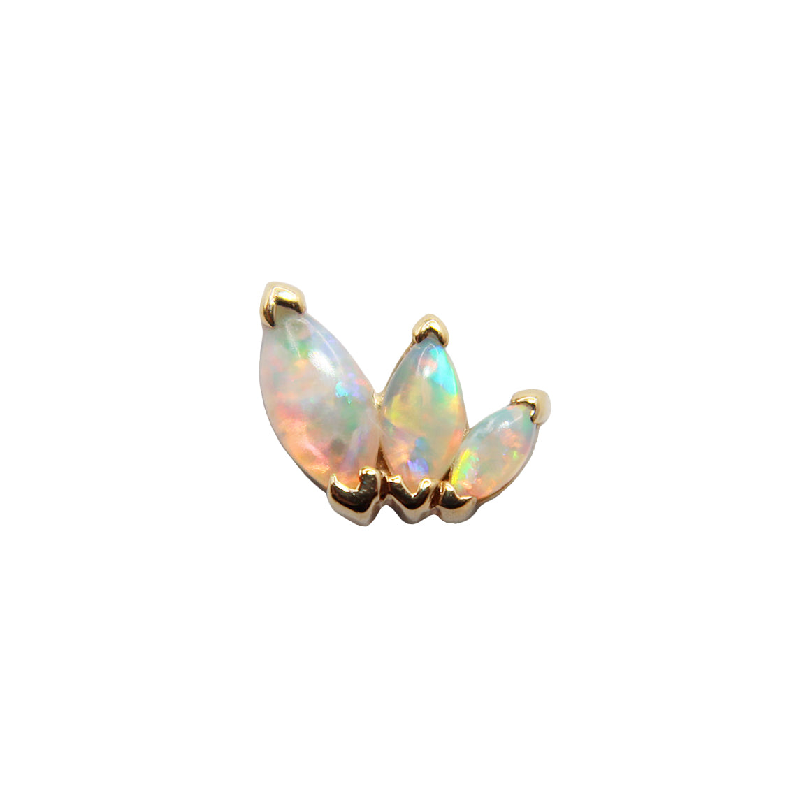 Genuine White Opal French Kiss. Three varying sized White Opals. Jewelry Stud. Yellow Gold. Earring. Cartilage Earring. Gold Jewelry. BVLA. Body Vision Los Angeles Jewelry. Brooklyn Piercing Jewelry