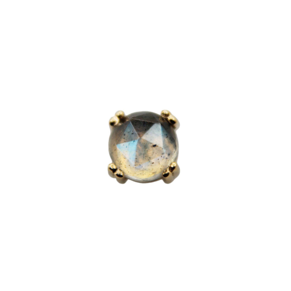 Rose Cut Labradorite prong. Jewelry Stud. Yellow Gold. Earring. Cartilage Earring. Nostril jewelry. Gold Jewelry. BVLA. Body Vision Los Angeles Jewelry. Brooklyn Piercing Jewelry