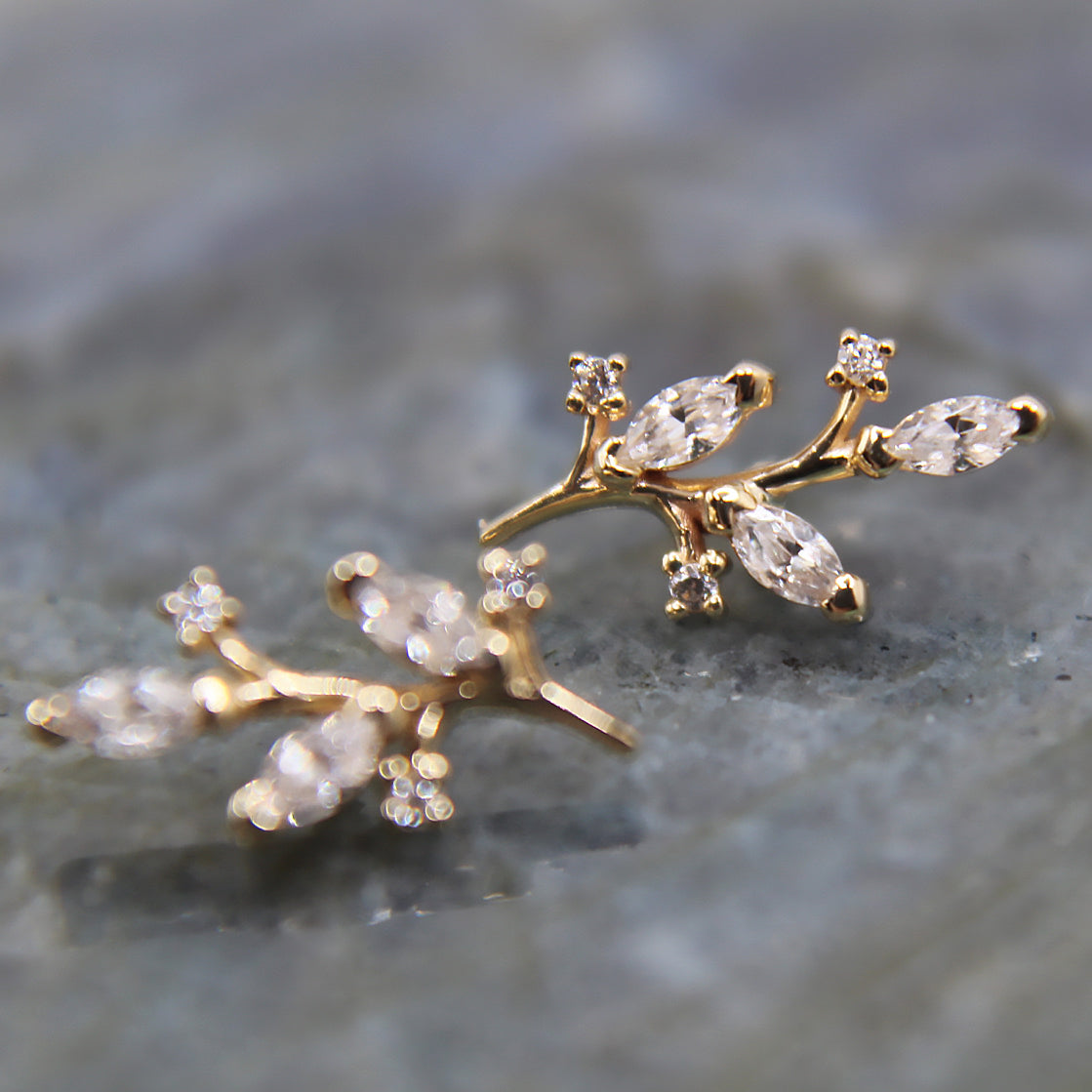 Cubic Zirconia Nightshade. Floral inspired stud. Jewelry Stud. 2 shown in Yellow Gold. Earring. Cartilage Earring. Gold Jewelry. BVLA. Body Vision Los Angeles Jewelry. Brooklyn Piercing Jewelry