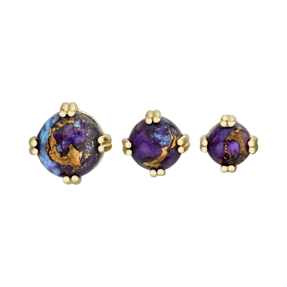 
                  
                    BVLA's "Cab Prong" in 14k Yellow gold with Purple Copper Turquoise shown 3 times in varying sizes
                  
                