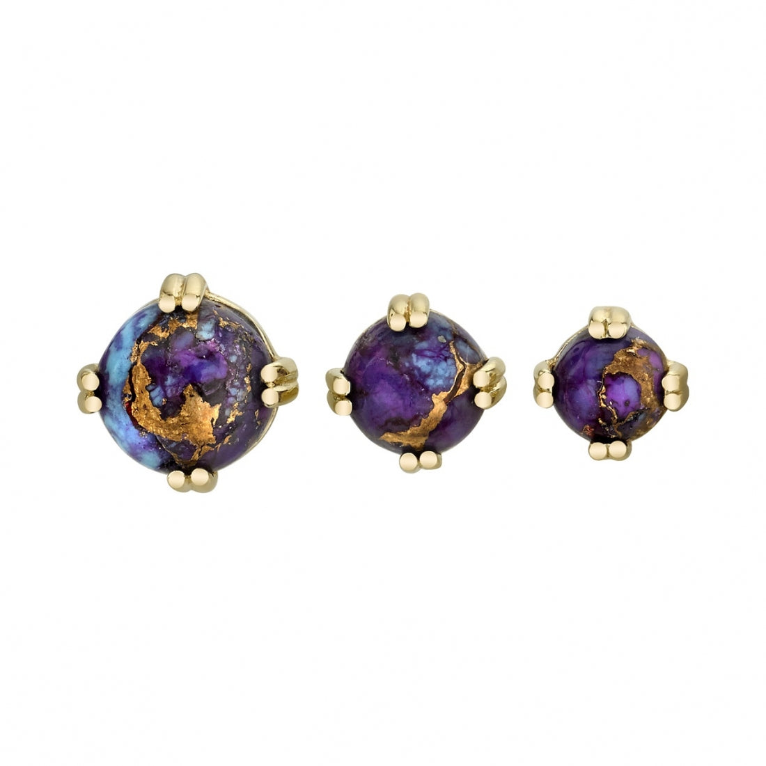 BVLA's "Cab Prong" in 14k Yellow gold with Purple Copper Turquoise shown 3 times in varying sizes