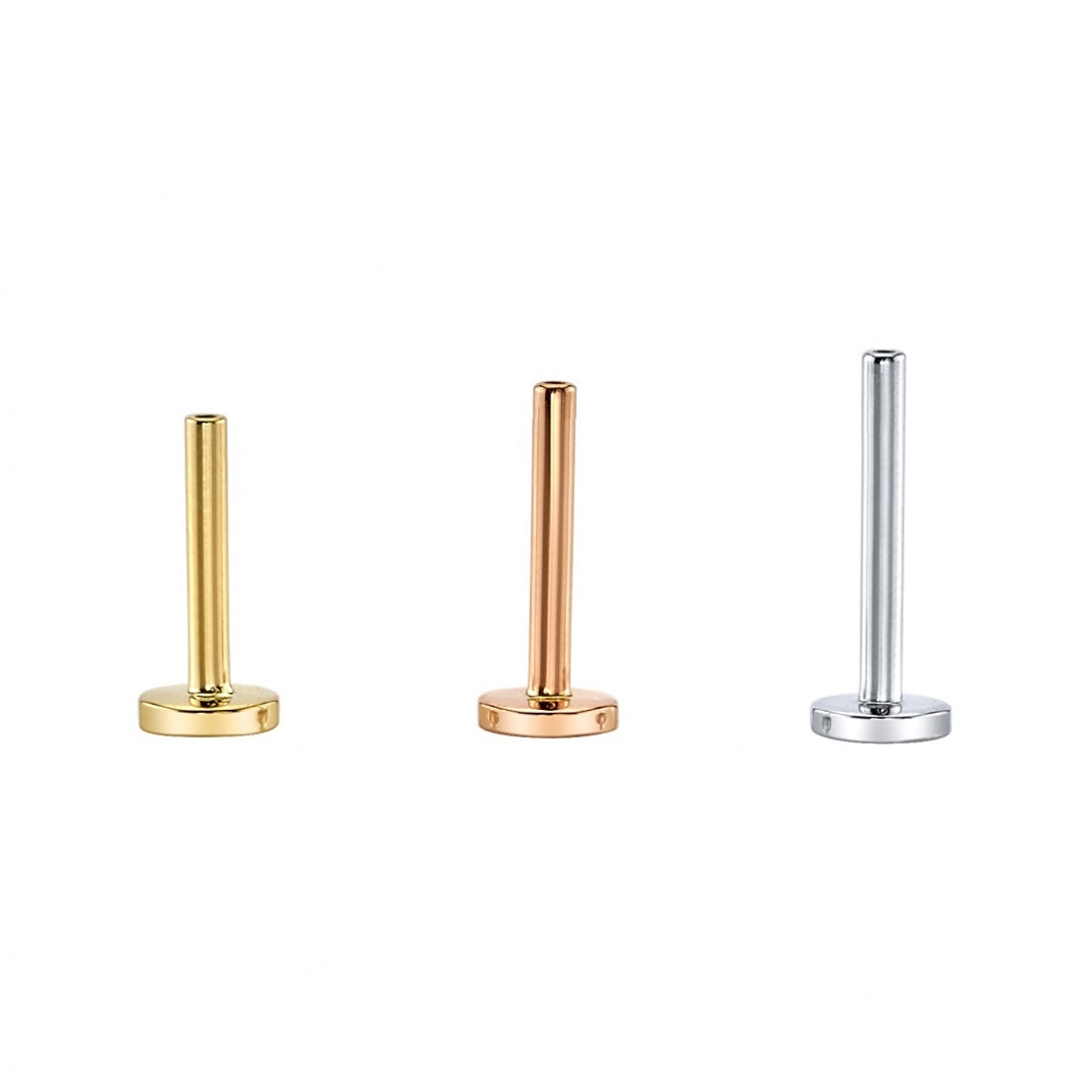 BVLA's "Threadless Labret Post" shown in 3 sizes. From left to right in 14k Yellow gold, 14k Rose gold and 14k White gold