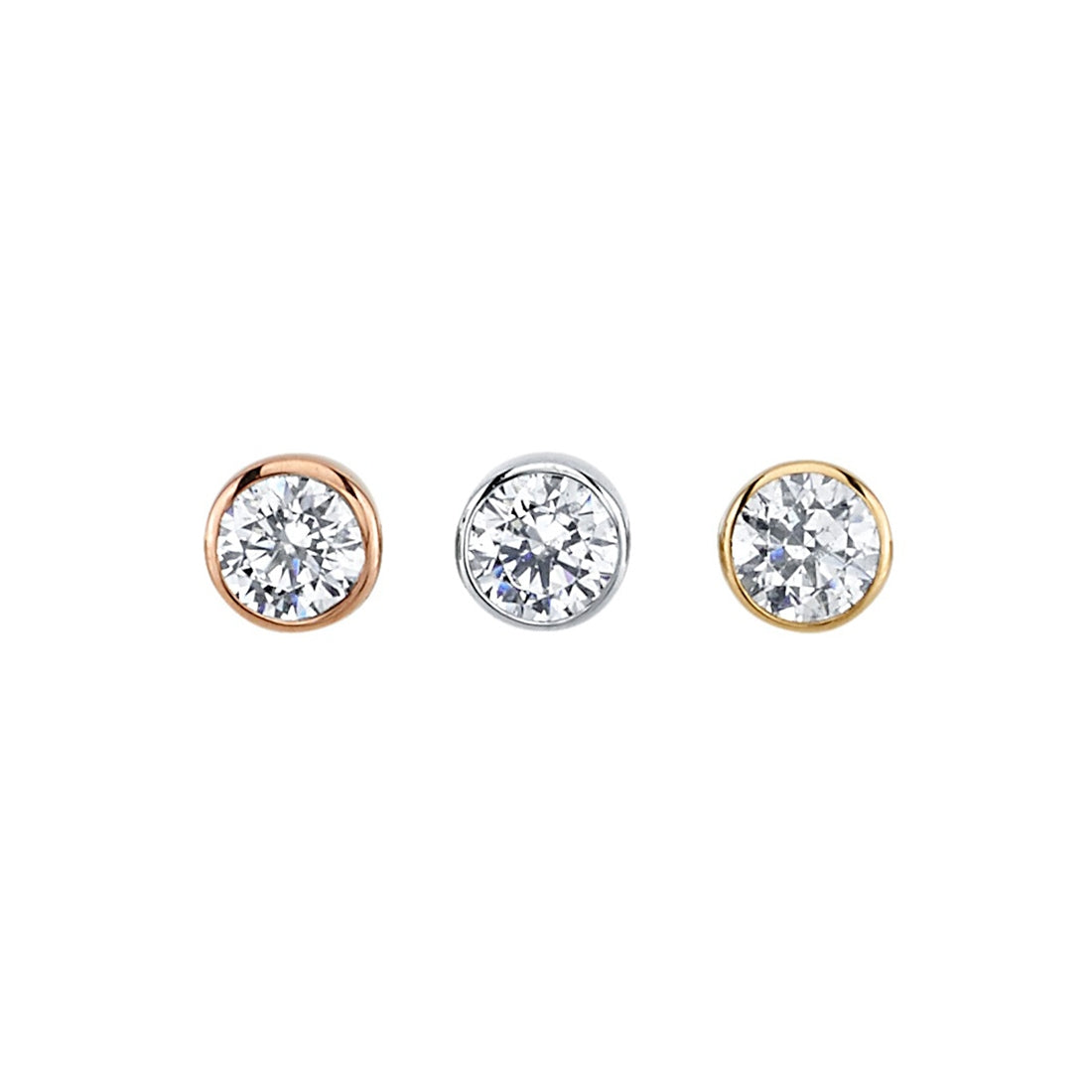 BVLA's "Round Bezel" with CZ shown 3 times from left to right in 14k Rose Gold, 14k White Gold and 14k Yellow Gold