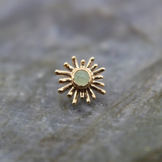 Yellow Gold Chrysoprase Sun Ray. Jewelry Stud. Yellow Gold. Earring. Cartilage Earring. Nostril jewelry. Gold Jewelry. BVLA. Body Vision Los Angeles Jewelry. Brooklyn Piercing Jewelry