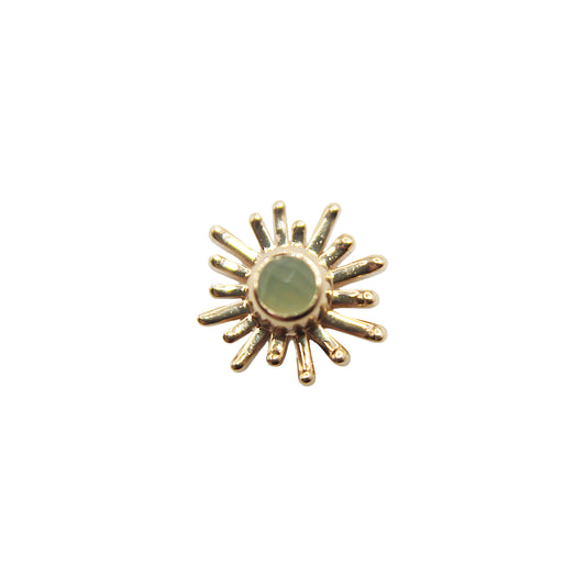 Yellow Gold Chrysoprase Sun Ray. Jewelry Stud. Yellow Gold. Earring. Cartilage Earring. Nostril jewelry. Gold Jewelry. BVLA. Body Vision Los Angeles Jewelry. Brooklyn Piercing Jewelry