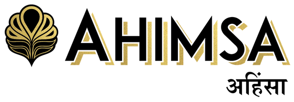 Ahimsa Piercing Studio full logo, features a design element on the left in gold and black next to the word "Ahimsa" with a gold drop shadow wish sanskrit text underneath