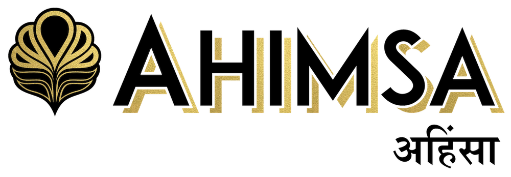 Ahimsa Piercing Studio full logo, features a design element on the left in gold and black next to the word "Ahimsa" with a gold drop shadow wish sanskrit text underneath