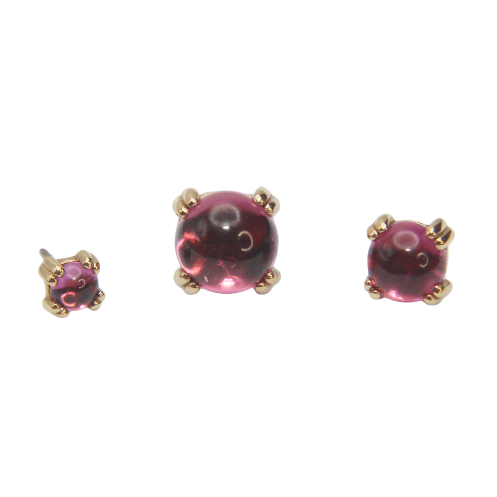 BVLA's "Cab Prong" shown in 3 varying sizes in 14k Yellow gold with Rhodolite