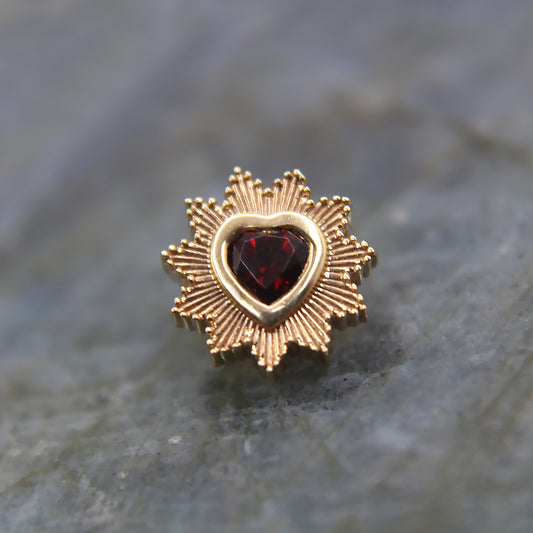 Yellow Gold Heart Shaped Jewelry Stud. With Garnet Heart Center. Earring. Cartilage Earring. Gold Jewelry. BVLA. Body Vision Los Angeles Jewelry. Brooklyn Piercing Jewelry