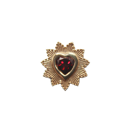 Yellow Gold Heart Shaped Jewelry Stud. With Garnet Heart Center. Earring. Cartilage Earring. Gold Jewelry. BVLA. Body Vision Los Angeles Jewelry. Brooklyn Piercing Jewelry