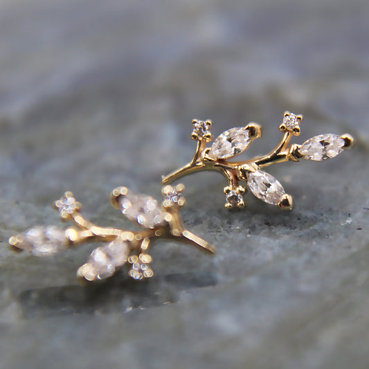 Cubic Zirconia Nightshade. Floral inspired stud. Jewelry Stud. 2 shown in Yellow Gold. Earring. Cartilage Earring. Gold Jewelry. BVLA. Body Vision Los Angeles Jewelry. Brooklyn Piercing Jewelry