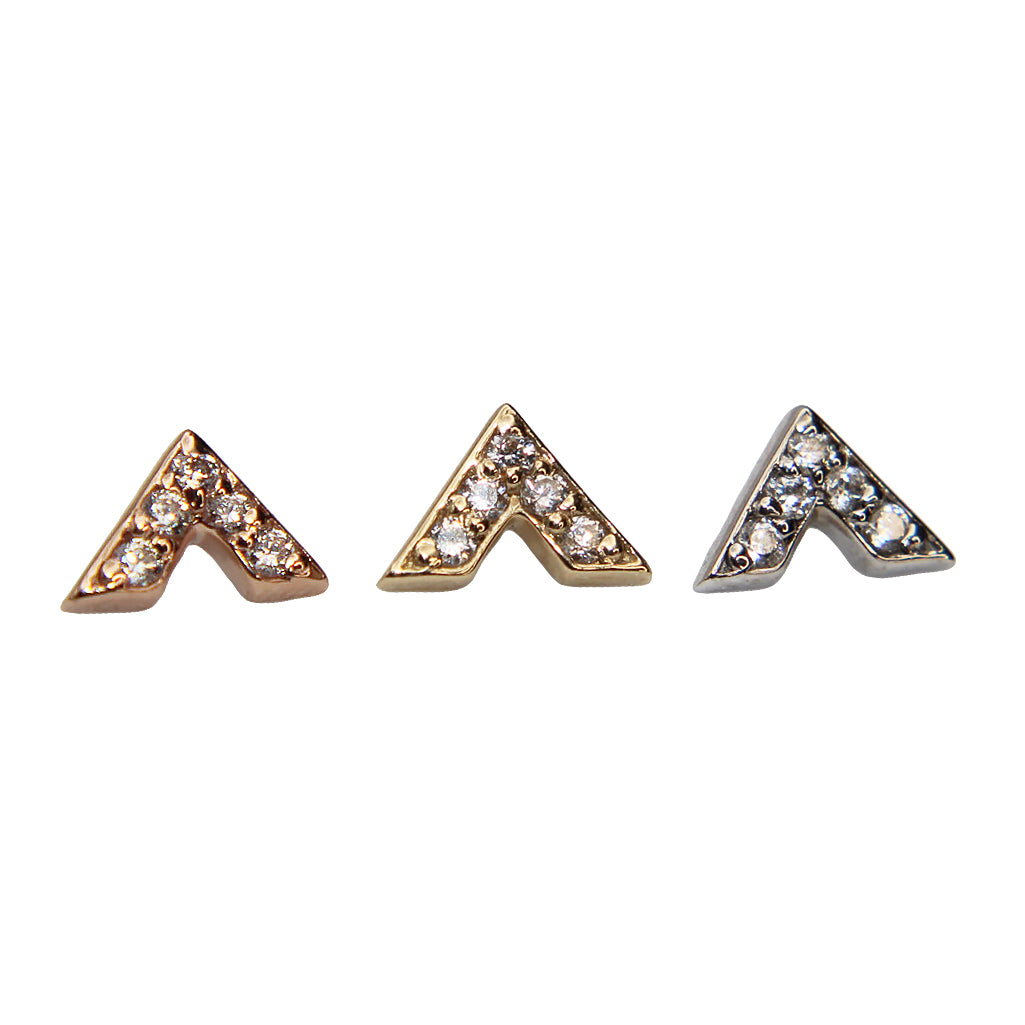 
                  
                    BVLA's "Micro Pave V" from left to right - in 14k Rose Gold with 5 CZ, 14k Yellow Gold with 5 CZ and 14k White Gold with 5 CZ
                  
                