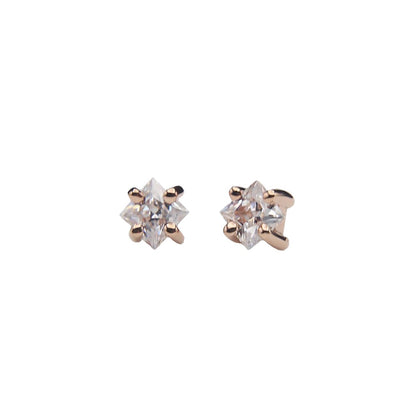 BVLA's "Princess Prong with Gem on Axis" in 14k Rose gold with CZ. Shown twice, straight on on the left side and slightly tilted towards the back on the right side