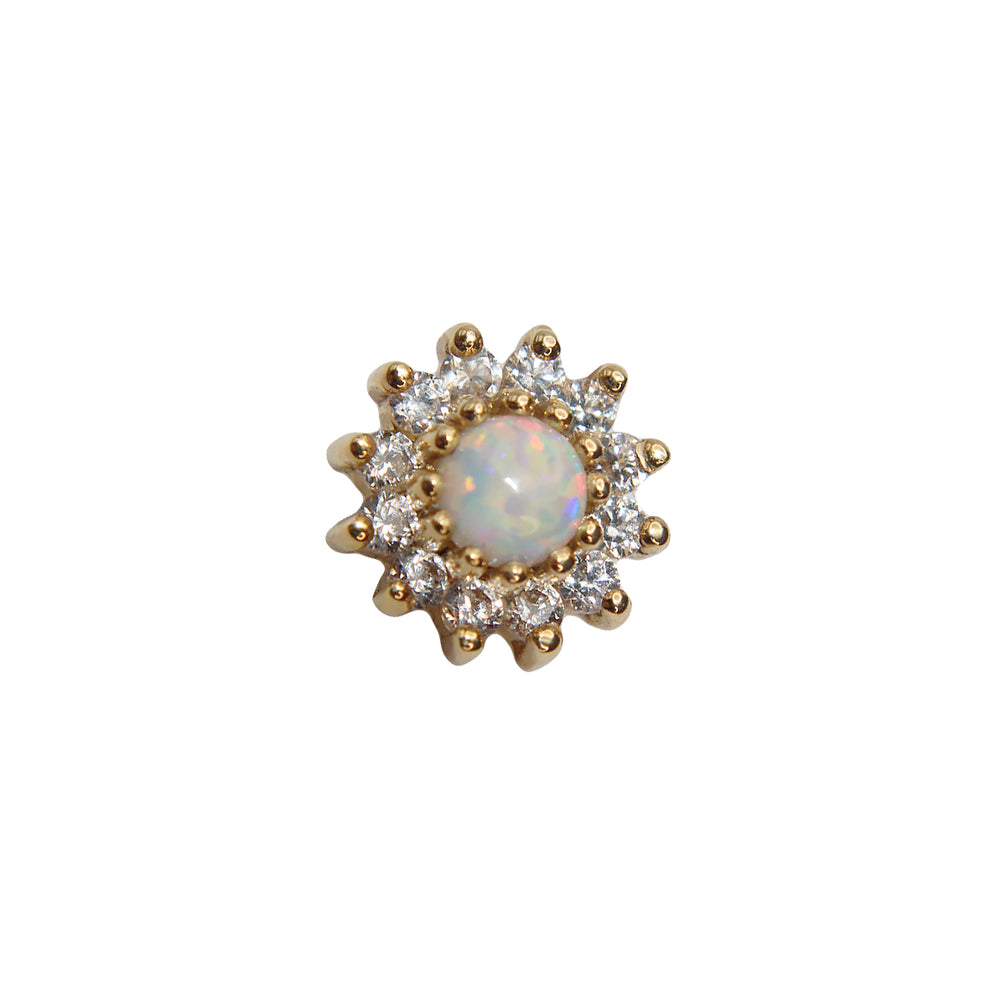 BVLA's "The Rose" in 14k Yellow gold with Synthetic White Opal center stone and 12 smaller CZ circling the center