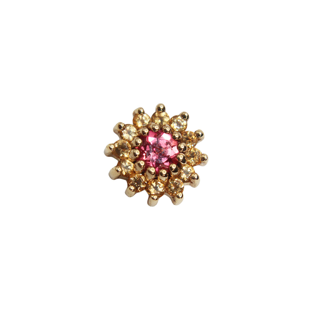 BVLA's "The Rose" in 14k Yellow gold with Padparadascha Sapphire center stone and 12 smaller honey topaz circling the center