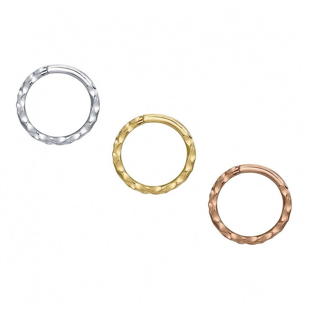 
                  
                    BVLA's "Hammered Seam Ring" shown from left to right in 14k White gold, 14k Yellow gold and 14k Rose gold
                  
                