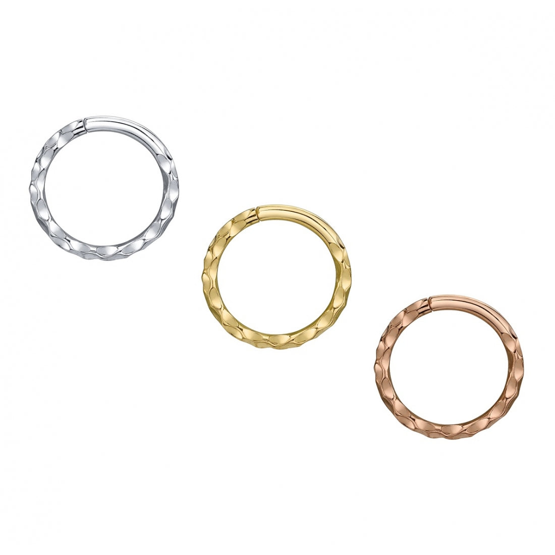 BVLA's "Hammered Seam Ring" shown from left to right in 14k White gold, 14k Yellow gold and 14k Rose gold
