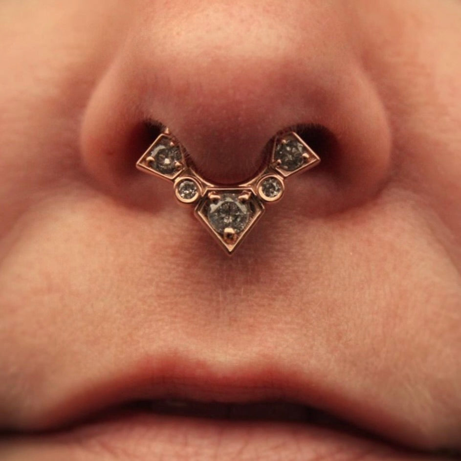 
                  
                    Septum piercing with BVLA's "Shaman Hinge Ring" in 14k Rose gold with 5 salt and pepper diamonds 
                  
                