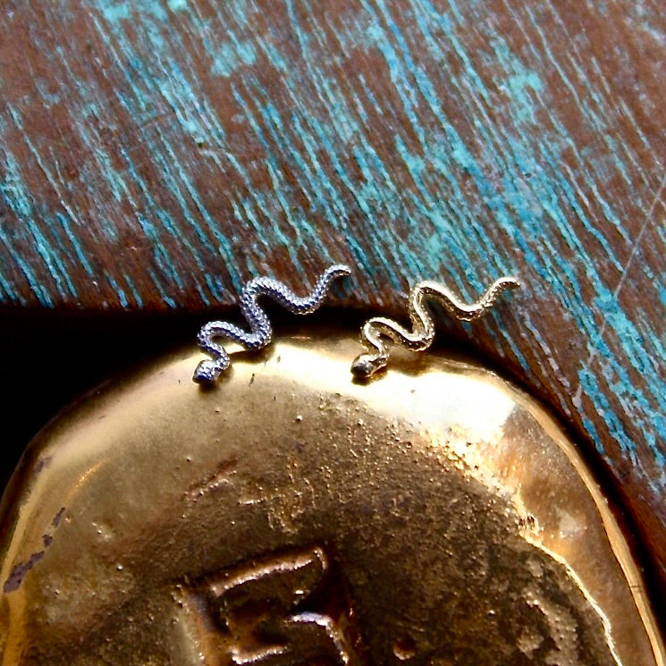
                  
                    BVLA's "Delicate Snake" shown from left to right in 14k White gold and 14k Yellow gold. Shown on a background featuring a piece of wood with blue paint on top and a golden piece on the bottom of the photo
                  
                