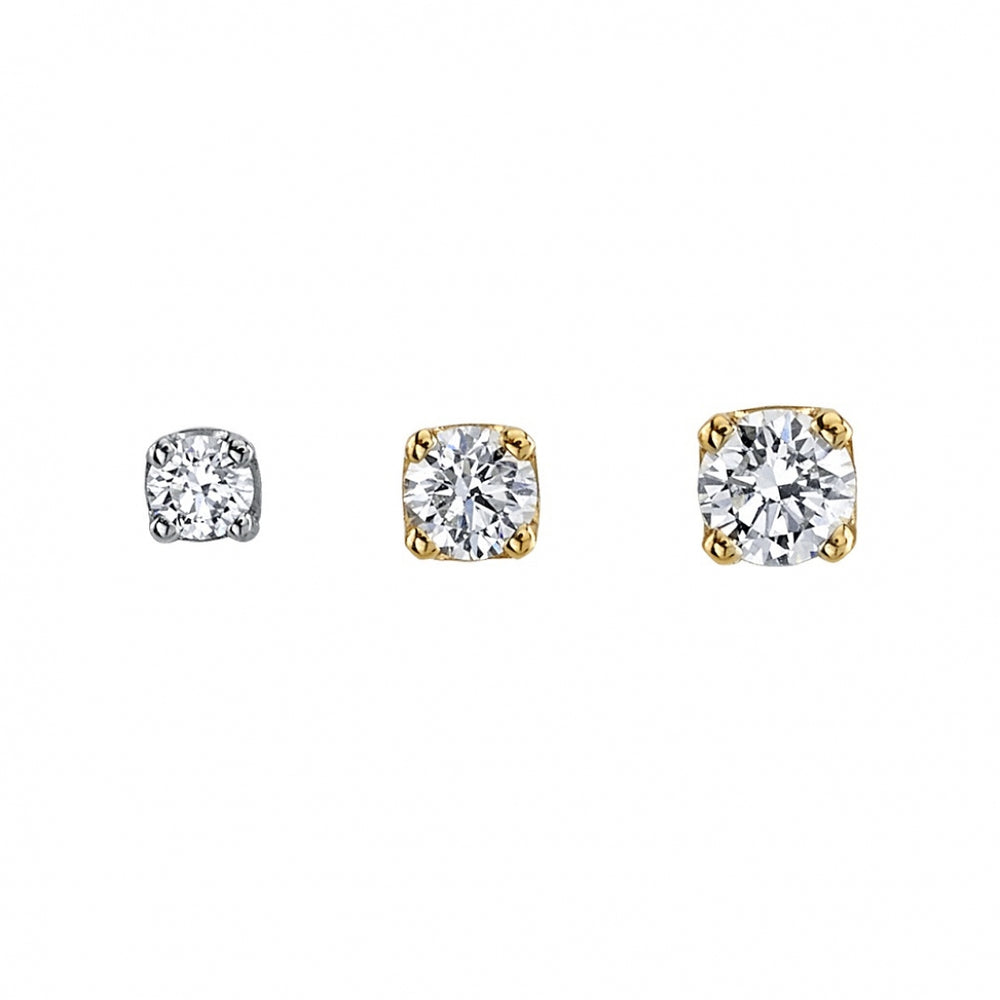 BVLA's "Round Prong" with Diamond shown in 3 varying sizes from left to right in 14k White Gold and in 2 sizes in 14k Yellow Gold