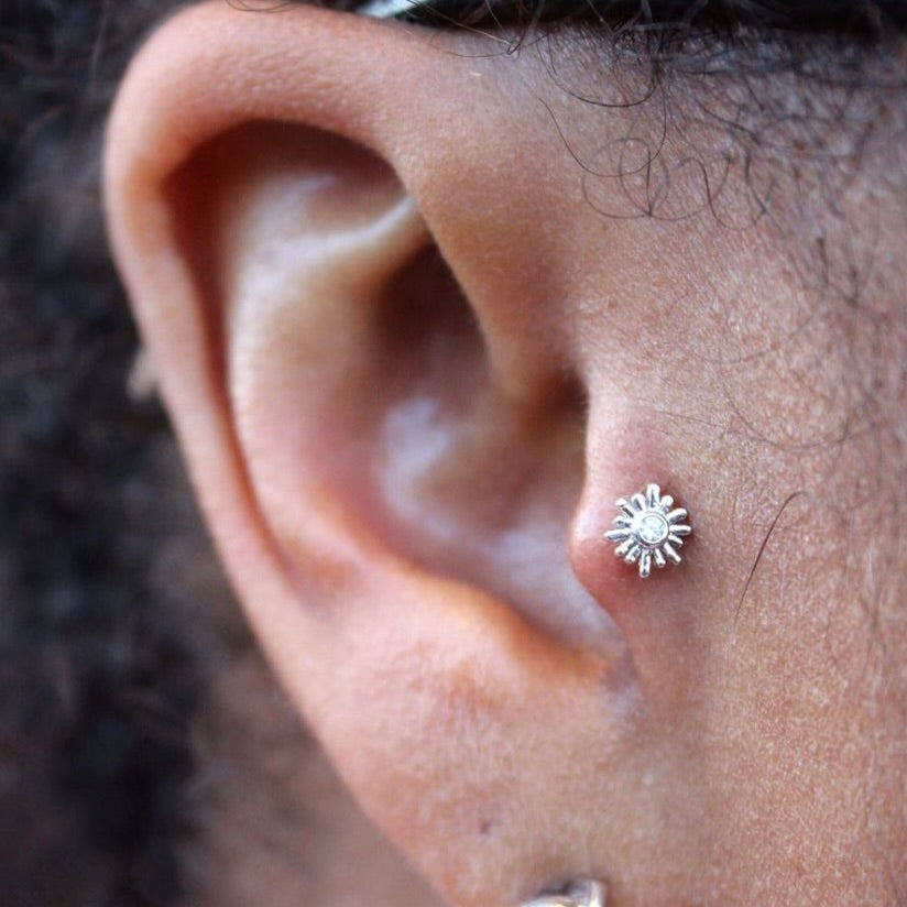 
                  
                    Right tragus piercing featuring a BVLA "Sun Ray" in 14k White gold with a diamond
                  
                