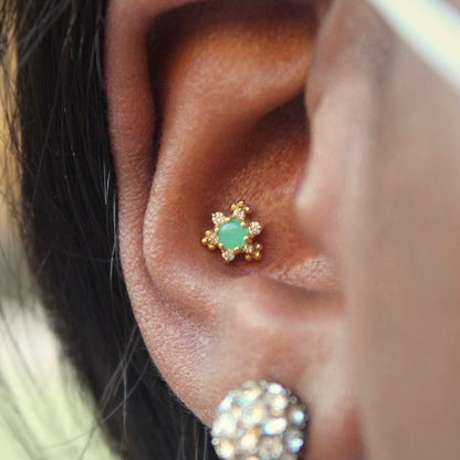 Right ear with BVLA's "Bayle" in 14k Yellow gold with a Chrysoprase Center and diamond accents in a conch piercing