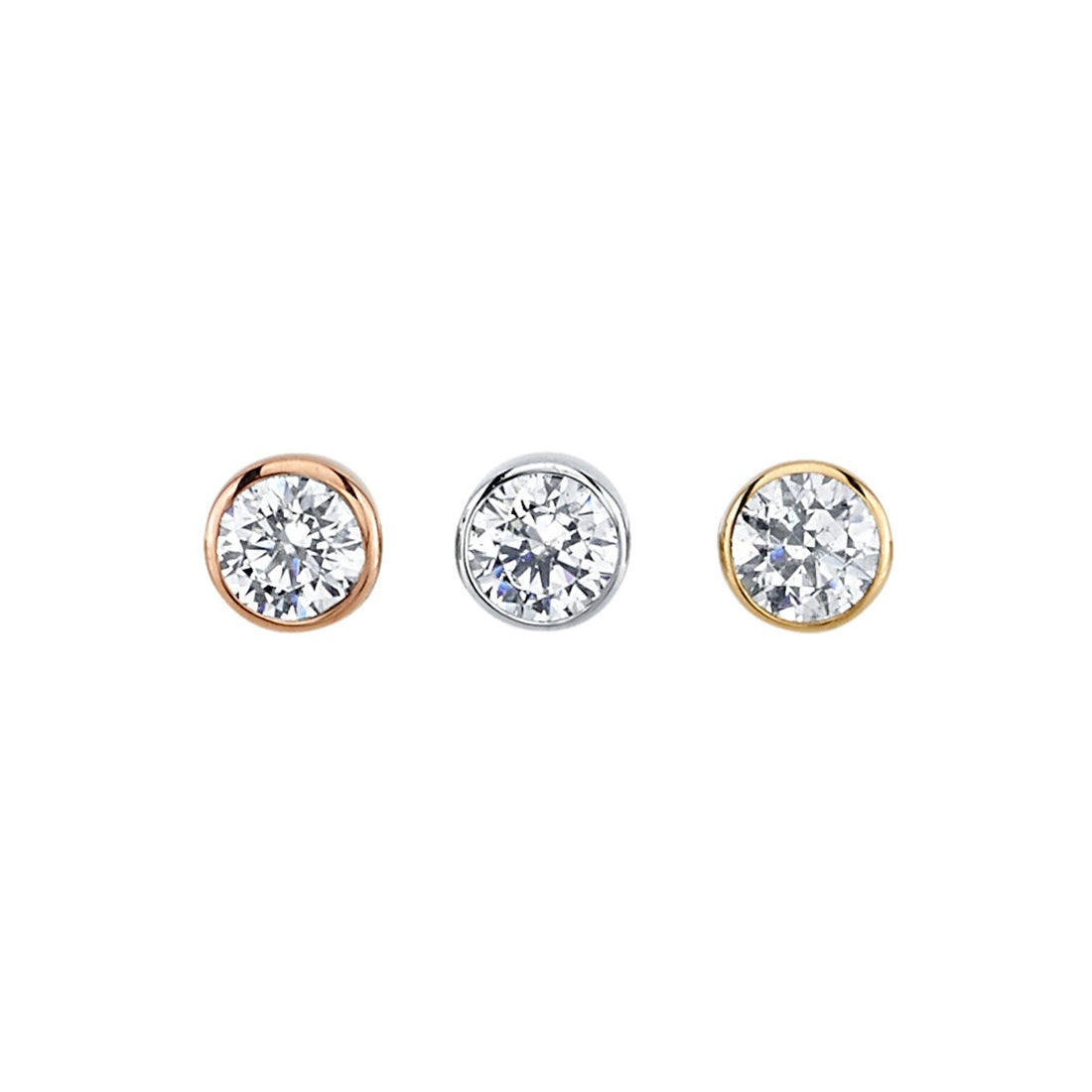 BVLA's "Round Bezel" with Diamond shown 3 times from left to right in 14k Rose Gold, 14k White Gold and 14k Yellow Gold